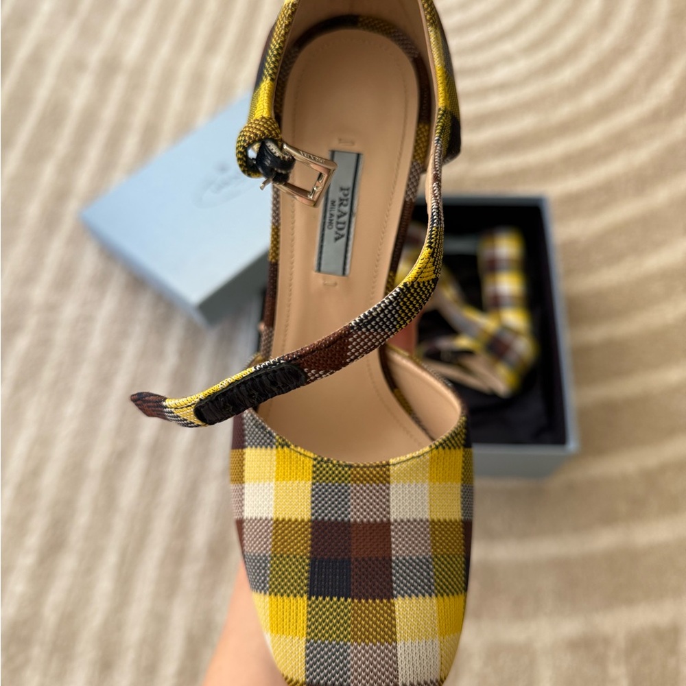Prada Women's Yellow and Brown Plaid Heels